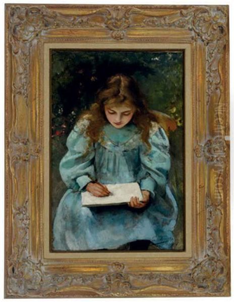 Girl Drawing In A Book Oil Painting by Leo A. Malempre