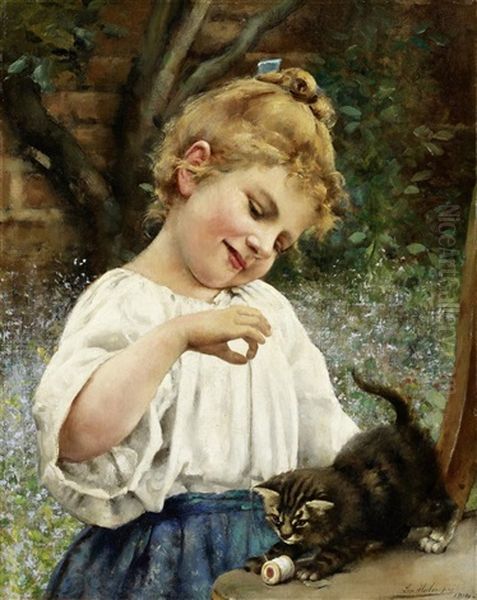 Mit Einem Katzchen Spielendes Madchen Oil Painting by Leo A. Malempre