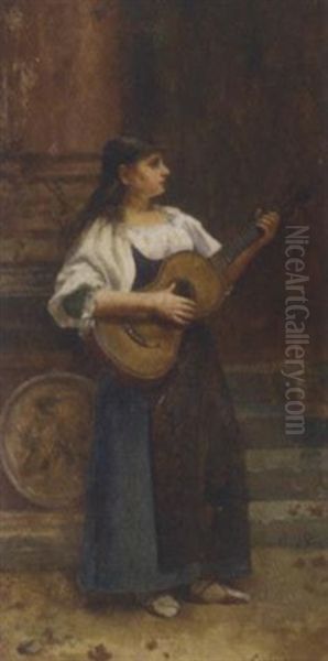 A Young Beauty Playing The Guitar Oil Painting by Leo A. Malempre