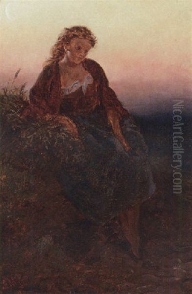 A Maiden Resting By A Track At Dusk Oil Painting by Leo A. Malempre