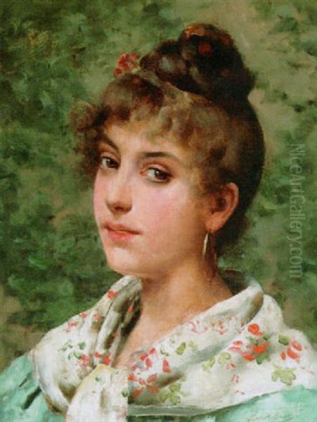 A Beauty With A Shawl Oil Painting by Leo A. Malempre