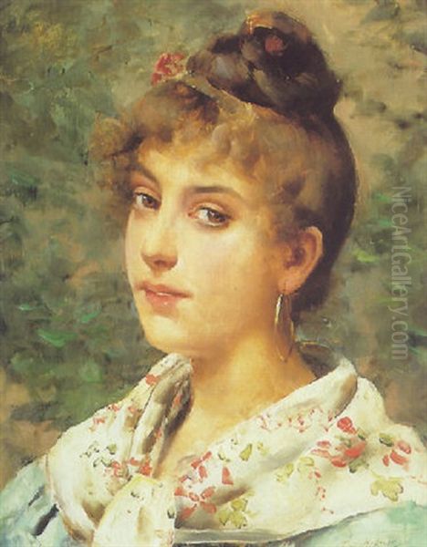 A Beauty With A Shawl Oil Painting by Leo A. Malempre