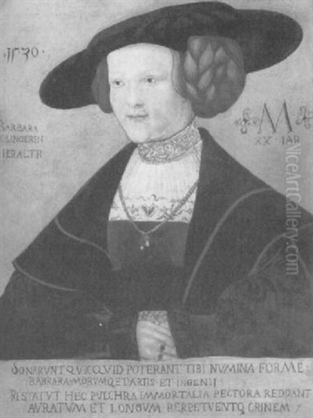 Portrait Of Barbara Kiligerin, Aged 20, Half Length In A    Dark Red Brocade And A Black Hat Oil Painting by Hans Maler