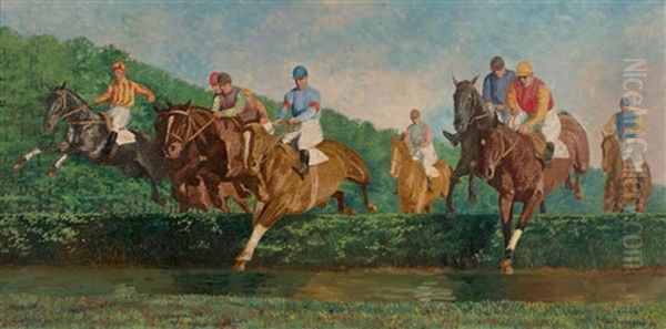 Aux Courses, Le Saut De La Haie, 1927 Oil Painting by Louis Ferdinand Malespina