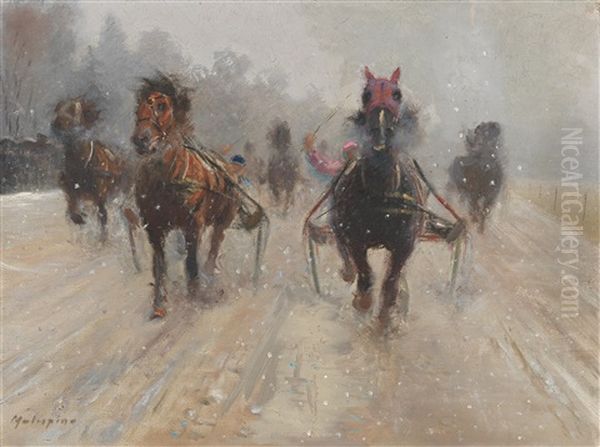 Trotting Race In The Snow Oil Painting by Louis Ferdinand Malespina