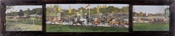 Longchamp, Prix De L'arc De Triomphe (triptych) Oil Painting by Louis Ferdinand Malespina