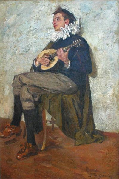 Mandoliniste Oil Painting by Stanislaw Wojciech Bergman