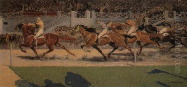 Prix Du President, Vincennes, 1928, Gagnant Cyclone A.m. Dupuis Oil Painting by Louis Ferdinand Malespina