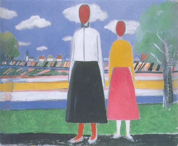 Two Figures In A Landscape Oil Painting by Kazimir Malevich