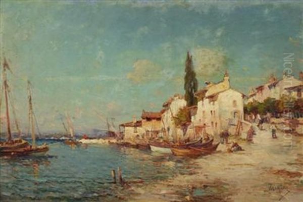 A Fishing Village Oil Painting by Charles Alexandre Malfray