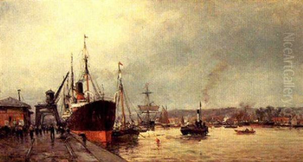 Steam-sailer And Trading Ships At A Mediterranean Port Oil Painting by Charles Alexandre Malfray