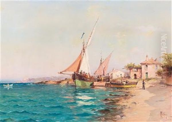 Fishing Boats On The Coast Oil Painting by Charles Malfroy