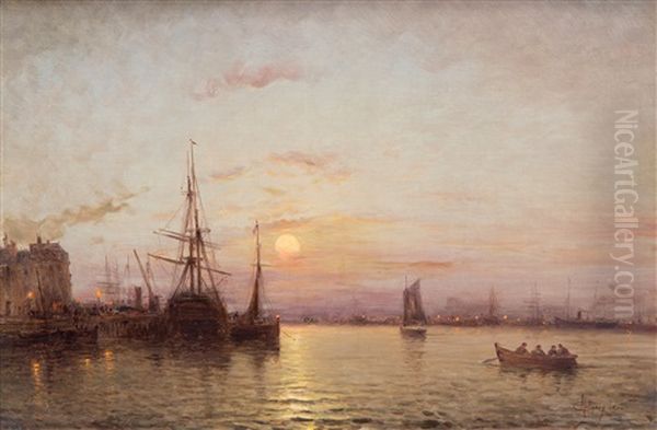 The Sun Setting Over The Harbour Of Nantes Oil Painting by Charles Malfroy