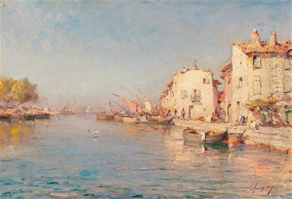 River Landscape In Southern France With Sailing Barges Oil Painting by Charles Malfroy