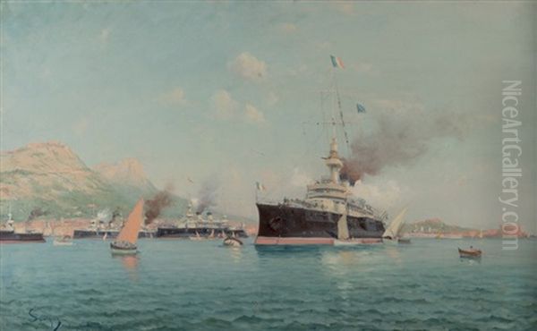 La Rade De Toulon Animee Oil Painting by Charles Malfroy