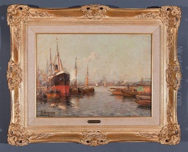 A French Port With An Ocean-going Ship Oil Painting by Charles Malfroy