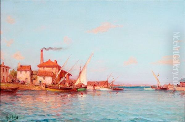 A Harbor Scene Oil Painting by Charles Malfroy