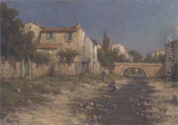 Washing Clothes Before A Bridge Near Toulon Oil Painting by Charles Malfroy