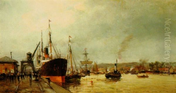 Steam-sailer And Trading Ships At A Mediterranean Port Oil Painting by Charles Malfroy