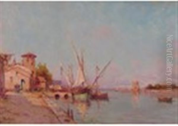 Mediterranean Harbour Scene With Moored Fishing Boats Oil Painting by Henri Malfroy-Savigny