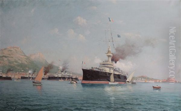 Bateaux De Guerre En Rade De Toulon Oil Painting by Henri Malfroy-Savigny