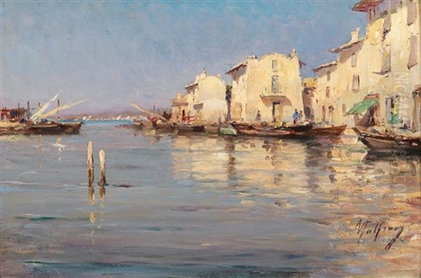 A Southern Harbour Scene Oil Painting by Henri Malfroy-Savigny