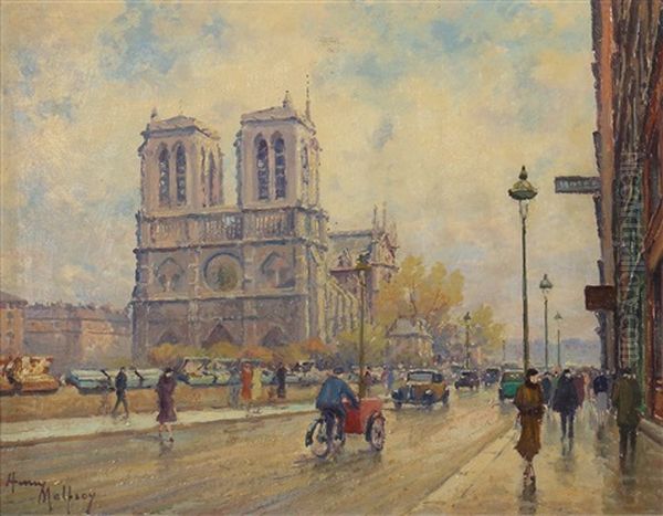 Paris, Blick Auf Notre Dame Und Die Seineinsel Ile De La Cite Oil Painting by Henri Malfroy-Savigny