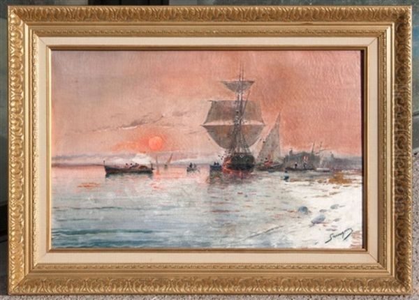 Marine, Soleil Couchant Oil Painting by Henri Malfroy-Savigny