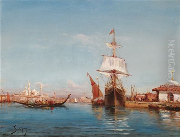 Voilier Et Caique Sur Le Bosphore Oil Painting by Henri Malfroy-Savigny