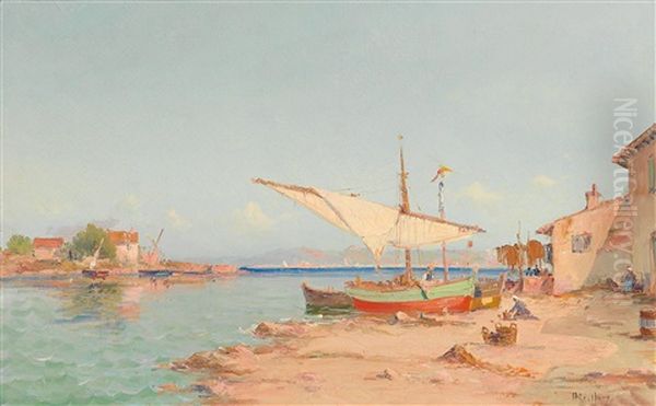 Plage Animee A Martigues Oil Painting by Henri Malfroy-Savigny