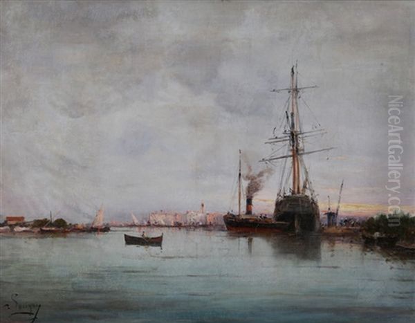 Vue D'un Port Oil Painting by Henri Malfroy-Savigny