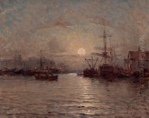 Bassin Portuaire De Nuit Oil Painting by Henri Malfroy-Savigny