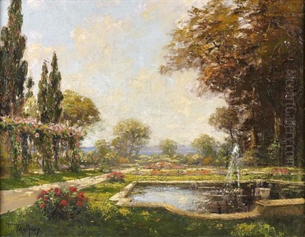 Jardin En Fleurs Avec Bassin Et Jet D'eau Oil Painting by Henri Malfroy-Savigny