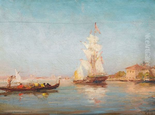 Sudliche Uferpartie Mit Einem Segelschiff Oil Painting by Henri Malfroy-Savigny