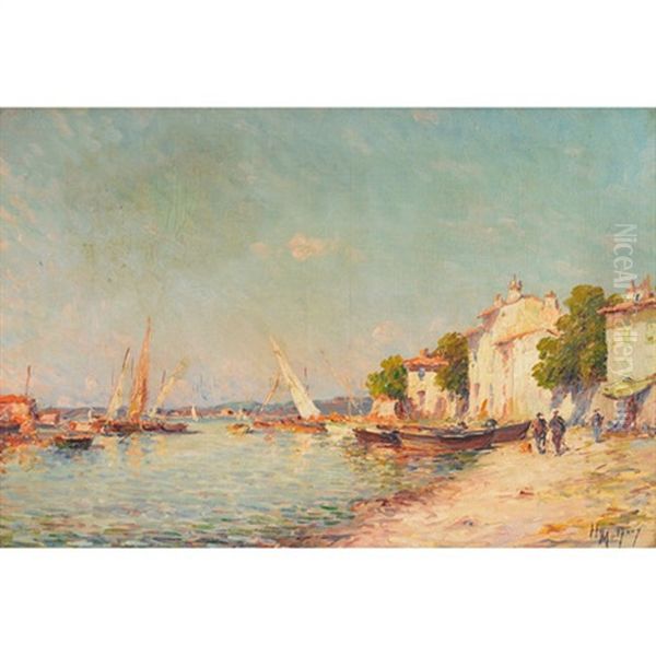 Boats On Mediterranean Shore (les Martigues?); Fish Market At The Pier (pair) Oil Painting by Henri Malfroy-Savigny