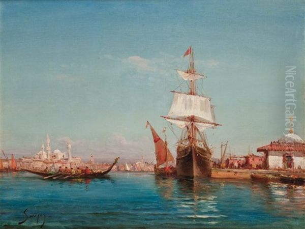 Voilier Et Caique Sur Le Bosphore Oil Painting by Henri Malfroy-Savigny