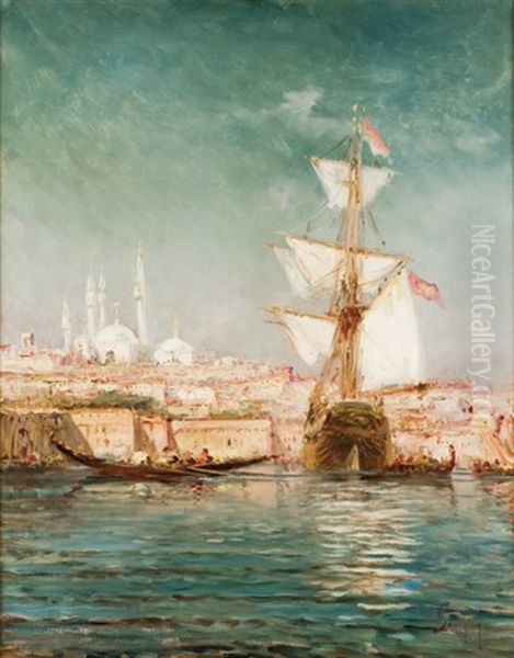 Vaisseau Et Caiques Sur La Corne D'or, Istambul Oil Painting by Henri Malfroy-Savigny