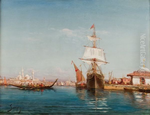 Caiques Et Vaisseau, Rivage Ottoman Oil Painting by Henri Malfroy-Savigny