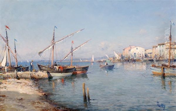 A Mediterranean Harbour Oil Painting by Henri Malfroy-Savigny