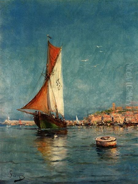 Auslaufendes Fischerboot Vor Sudlicher Hafenstadt Oil Painting by Henri Malfroy-Savigny