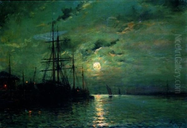 Vue D'un Port La Nuit Oil Painting by Henri Malfroy-Savigny