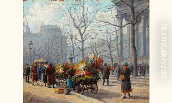 Marchand De Fleurs, Place De La Madeleine Oil Painting by Henri Malfroy-Savigny