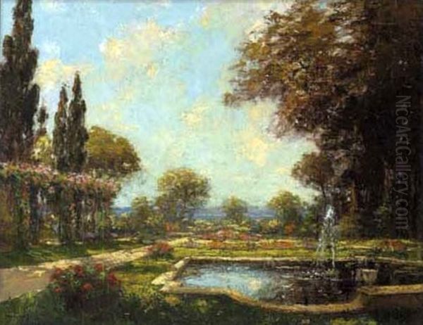 Fountain In A Summer Garden Oil Painting by Henri Malfroy-Savigny