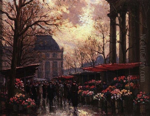 Marche Aux Fleurs, Place De La Madeleine Oil Painting by Henri Malfroy-Savigny