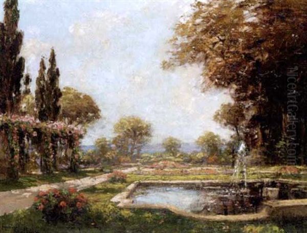 Fountain In A Summer Garden Oil Painting by Henri Malfroy-Savigny