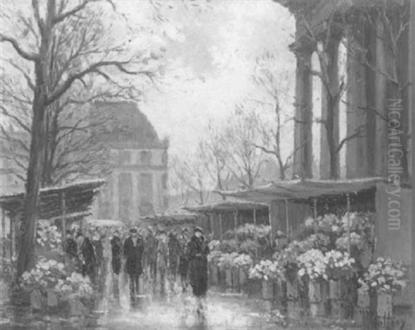 Marche Aux Fleurs, Place De La Madeleine Oil Painting by Henri Malfroy-Savigny