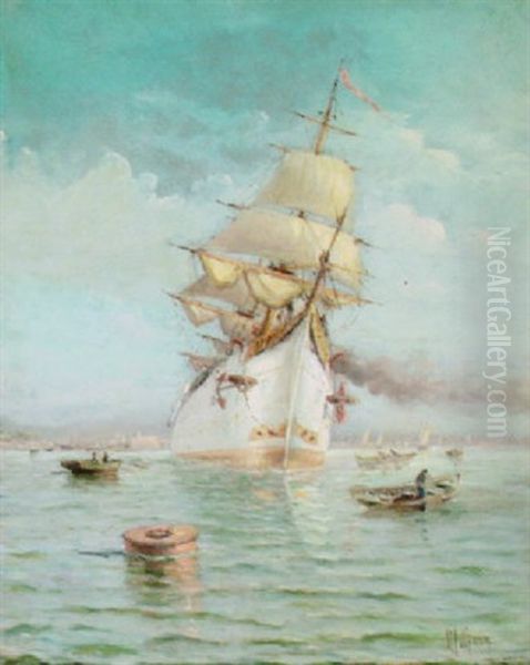 A Magnificent Steam-sailership Leaving Port Under Full Power And Billowing Sails Oil Painting by Henri Malfroy-Savigny