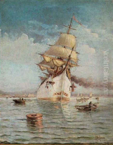 A Magnificent Steam-sailership Leaving Port Under Full Power And Billowing Sails Oil Painting by Henri Malfroy-Savigny