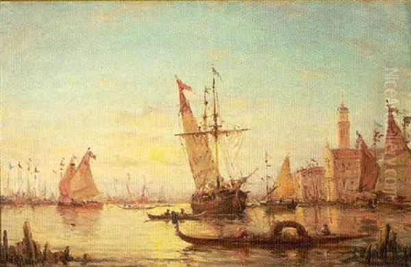 Sailing Ships On The Grand Canal Oil Painting by Henri Malfroy-Savigny