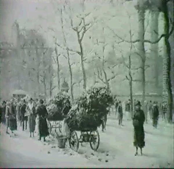 Flower Sellers Along The Avenue, Paris Oil Painting by Henri Malfroy-Savigny